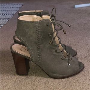 Lace up, open toe booties